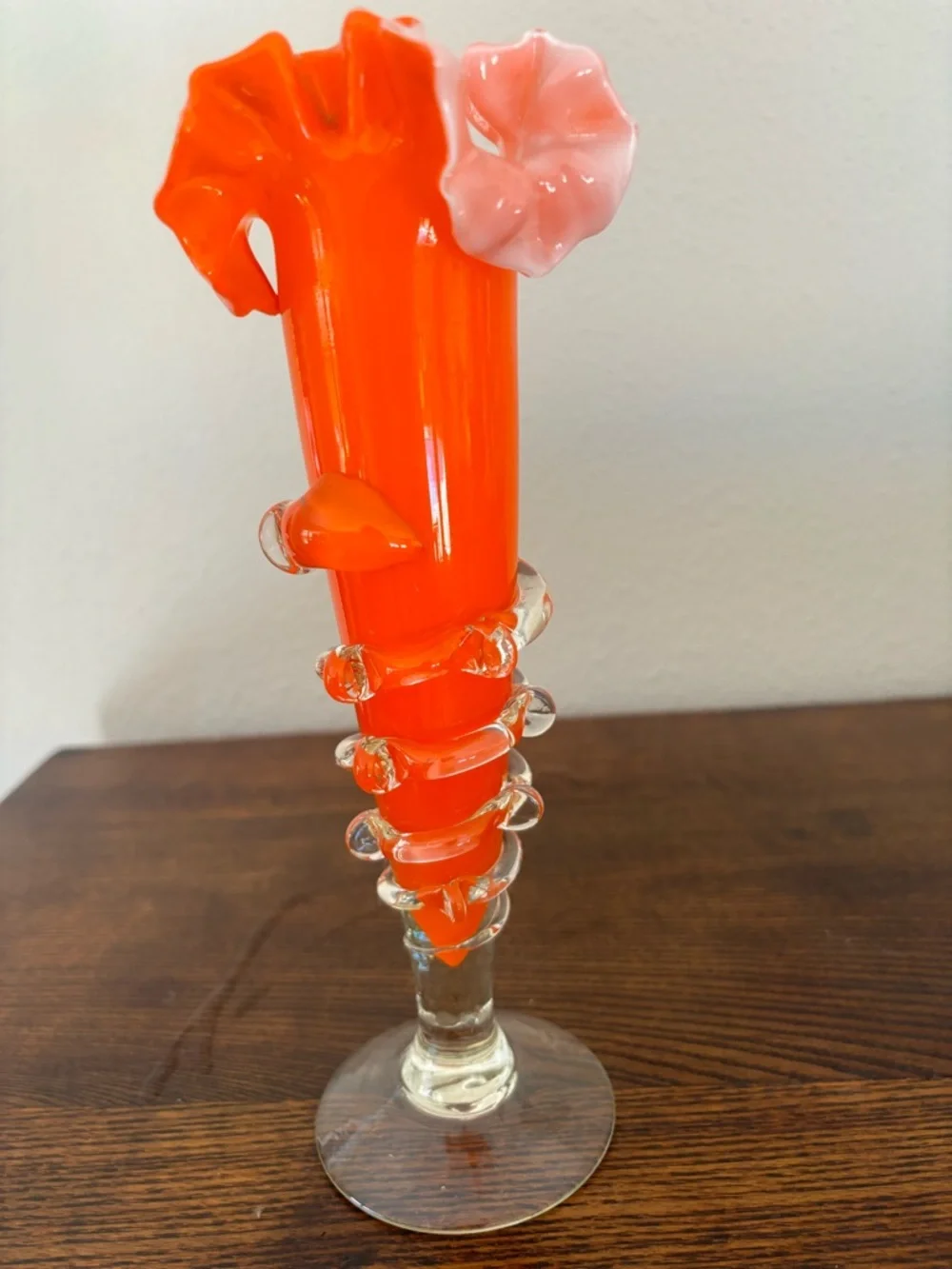 Vintage Bohemian Art Glass Vase Orange Cased White Ruffled Vase